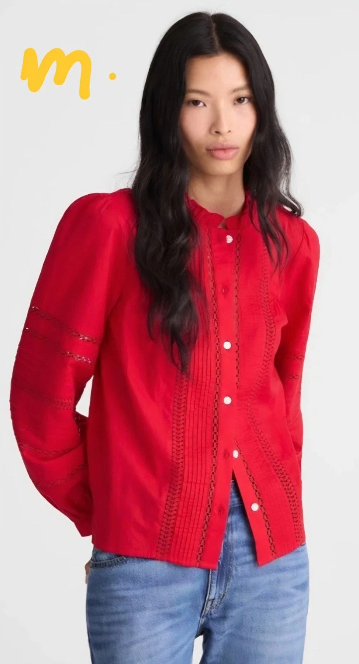 Madewell Red High-Neck Lace-Insert Long Sleeve Pintuck Button Down Shirt XS NWT